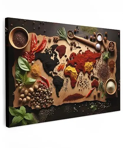 Produktbild: MuchoWow© Wandbilder Groß 120x80 cm XXL Schlafzimmer Home Deko Wohnung Bild Wohnzimmer Fotoleinwand Wand Bilder Leinwand Wall Decor Wanddeko Kräuter - Gewürze - Weltkarte - Braun - Löffel - Küche