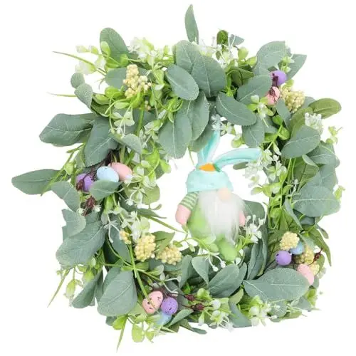 Produktbild: MUCKLILY Künstliche Girlande Osterpuppe Osterhasen Kranz Ostern Dekokranz Türkranz Ostern Blumenkranz Großer Eukalyptuskranz Künstliche Grüne Blättergirlande Weihnachten Palmblatt Plastik