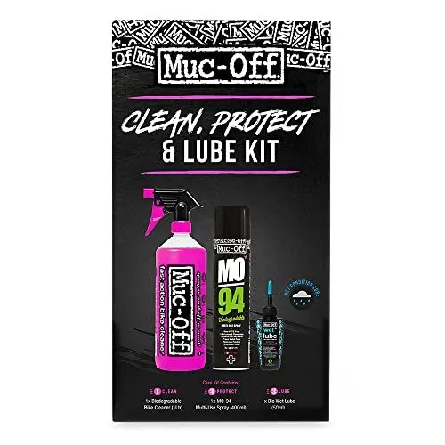 Produktbild: Muc-Off Clean, Protect & Lube Fahrrad Reinigungsset – Fahrrad Zubehör zum Reinigen, Schützen und Ölen von Fahrrad und Mountainbike – Mit Bike Cleaner, MO-94 und Bio Wet Chain Lube