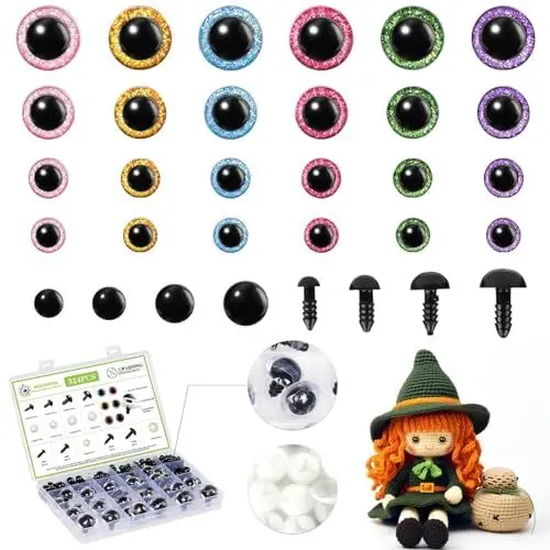 Produktbild: MUCUNNIA 324 Stück Sicherheitsaugen für Amigurumi, 6–24 mm, große Glitzer-Sicherheitsaugen für Häkeltiere, Kunststoff, Bastelpuppenaugen, Stofftieraugen für DIY-Bär, Puppenhäkelspielzeug