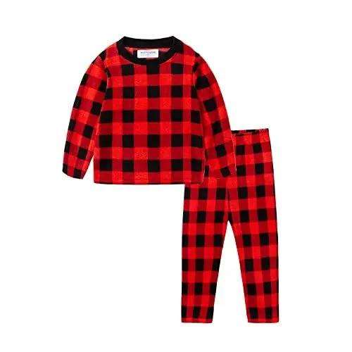 Produktbild: Mud Kingdom Mädchen Schlafanzug Pyjama Kinder Baumwolle Zweiteiliger Schlafanzüge Set Herbst Winter Weihnachten Nachtwäsche Polar Fleece Roter Büffel Plaid 8 Jahre