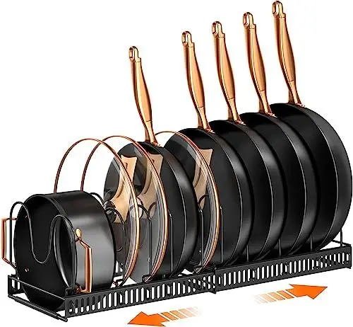 Produktbild: MUDEELA Töpfe und Pfannen Organizer: Rack für unter Schrank, Erweiterbare Topfdeckel Organizer Halter mit 10 verstellbarem Fach, Küchenschrank Organizer für Schneidebrett, Gusseisen Pfanne