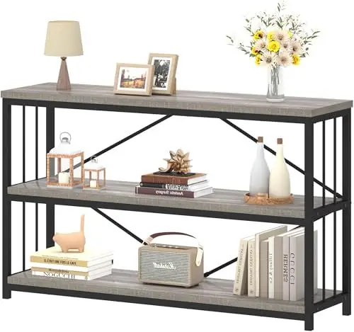 Produktbild: Mudmasa Bücherregal, Standregal mit 3 Ebenen, Regal mit Metallrahmen, Konsolenregal für Wohnzimmer, Arbeitszimmer, Büro, Flur, Industrie-Design, 34 x 140 x 74 cm, Grau