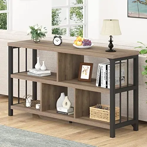 Produktbild: Mudmasa Regal mit 2 Ebenen, Bücherregal, Standregal mit 5 Fächern, für Wohnzimmer, Schlafzimmer, Arbeitszimmer, Küche, Industrie-Design, 34 x 120 x 76.2 cm, Holzfarbe