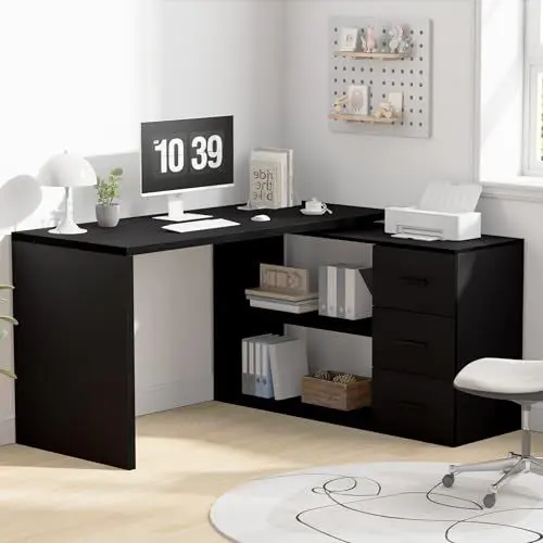 Produktbild: Mudmasa Schreibtisch Computertisch Ecktisch Schwarz, L Form Schreibtisch mit 3 Schubladen & 2 Regalen, Bürotisch aus Holz, Winkelschreibtisch für Homeoffice Arbeitzimmer - 140 x 50 x 76 cm