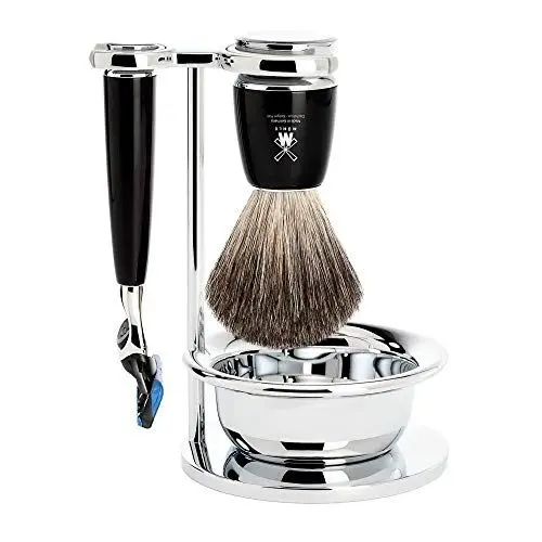 Produktbild: MÜHLE Rasierset mit Schale - Rytmo Serie - Reines Dachshaar - kompatibel mit Gillette-Klingen - Edelharz schwarz