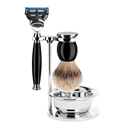 Produktbild: MÜHLE Rasierset mit Schale - Sophist Serie 4 tlg. - Silberspitz Dachszupf - mit Gillette-Klingen - Edelharz schwarz