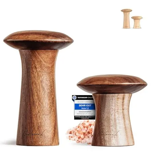 Produktbild: Mühlenbruch Design Salz und Pfeffermühle FSC HOLZ 15cm - 2er Set mit Pfeffer und Salzmühle - Manuelle Gewürzmühle Keramikmahlwerk - Küchenhelfer Geschenkidee Weihnachten - Akazie - Pilzform Deko