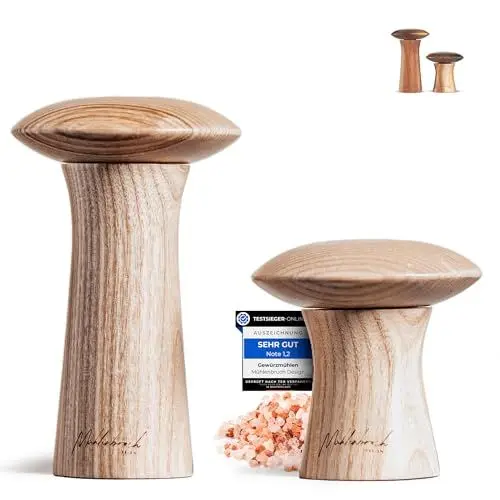 Produktbild: Mühlenbruch Design Salz und Pfeffermühle FSC HOLZ 15cm - 2er Set mit Pfeffer und Salzmühle - Manuelle Gewürzmühle Keramikmahlwerk - Küchenhelfer Geschenkidee Weihnachten - Esche - Pilzform Deko