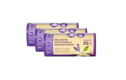 Produktbild: Müllbeutel Allzweckbeutel Reißfeste Müllbeutel mit Zugband 35L - Vanilla & Lavender 3 Rollen x 20 Beutel