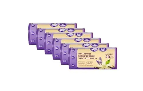 Produktbild: Müllbeutel Allzweckbeutel Reißfeste Müllbeutel mit Zugband 35L - Vanilla & Lavender 6 Rollen x 20 Beutel