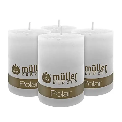 Produktbild: Müller Kerzen POLAR Stumpenkerzen mit Raureif-Effekt - Set mit 4 Rustikale Kerzen - Weiß - 68 x 100 mm - Lange Brenndauer 46 Stunden - Ohne Duft - RAL Qualität - Tropfenfrei