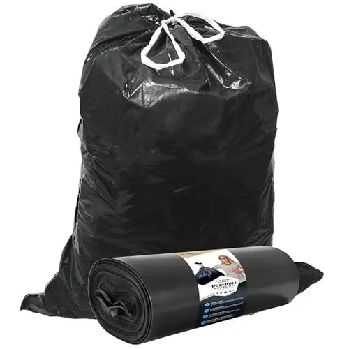 Produktbild: Müllsäcke 120L Schwarz mit ZUGBAND - Reißfest - Abfallbeutel XXL - Müllbeutel - 40 µ Stark - LDPE Recycelt - Großer Müllsack - 120 Liter - Mülltüten - Hausmüll, Gewerbe, Industrie - 25 Beutel