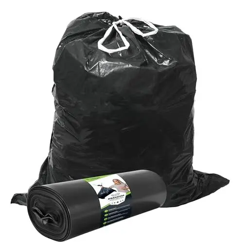 Produktbild: Müllsäcke 60L Schwarz mit ZUGBAND - Reißfest - Abfallbeutel XXL - Müllbeutel - 40 µ Stark - LDPE Recycelt - Großer Müllsack - 60 Liter - Mülltüten - Hausmüll, Gewerbe, Industrie - 25 Beutel - 1 Rolle