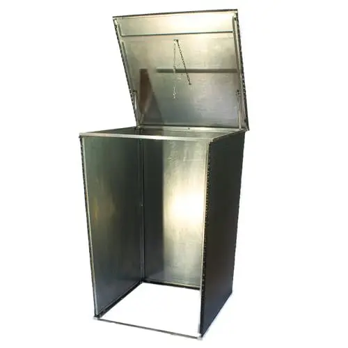 Produktbild: Mülltonnenverkleidung Rattanoptik für 120L–240L Tonnen – wetterfeste Mülltonnenbox aus Metall & Polyrattan – grau – mit Gasdruckfeder – RYBE