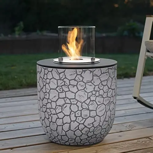 Produktbild: muenkel design Vigo – mosaik-weiß – Bio-Ethanol Feuerstelle Gartenfackel Terrassenfeuer mit Round Burner 250 Brennkammer