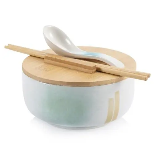 Produktbild: Müslischalen Groß aus Porzellan mit Deckel Löffel Essstäbchen, 950ml Keramik Ramen Schüssel Set für Küche, Servierschüsseln Müslischüsseln Suppenschalen Salatschale Pastaschüssel Schalen