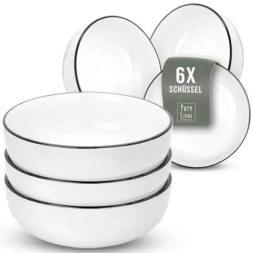 Produktbild: Müslischalen Set 6er Porzellan Scandi - Müsli Schüssel , Skandinavischen Design, Spülmaschinenfest - Kleine in Weiß - Pure Living Geschirr Müslischale, Suppenschale, Dessertschalen