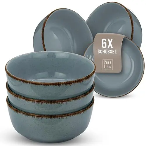 Produktbild: Steingut Müslischalen 6 Personen Rustic TESTSIEGER, Hochwertiges Landhaussttil Steingut Müsli Schüssel Set, Kleine Schüssel, Müslischale - Pure Living in Rauchblau
