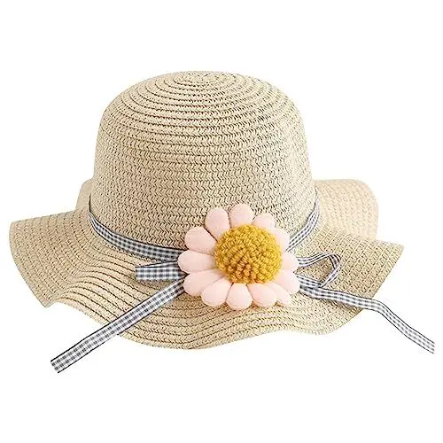 Produktbild: Mütze Schal Mädchen Set Kinder Mädchen Sonnenschutz Hut Bogen Sonnenhut Strohhut Geflochtene Hut Strand Hut Sonnenhut Niedlich Mädchen Mütze Winter Baby (Beige, One Size)