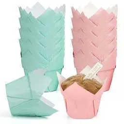 Produktbild: Muffinform Papier, 100 Stück Mini Muffins Papierförmchen Tulpen Muffinförmchen Papier Grün und Rot Einweg Fettdicht Cupcake Förmchen Backbecher Papier für Hochzeit Geburtstag Party
