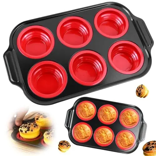 Produktbild: Muffinform Silikon, Muffin Backform Silikonform, Muffinblech aus Silikon für 6 Muffins, Antihaftbeschichtung Muffinblech für Cupcakes, Brownies, Kuchen, Pudding, Zusammenklappbar, 1 Stück, Rot