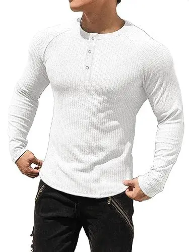 Produktbild: Muhshoiy Herren Langarmshirts Henley Shirt,Langarm & Kurzarm Muskelshirts Basic T-Shirt Pullover Gerippt Longsleeve Slim Fit White L