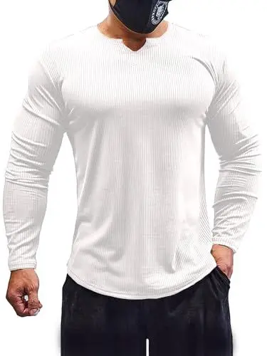 Produktbild: Muhshoiy Herren Long Sleeve Sporttop, Langarm & Kurzarm T-Shirt,Langarmshirt Henley Shirt,Unterhemd Slim Fit Basic Tops V-Ausschnitt Weiß 2XL