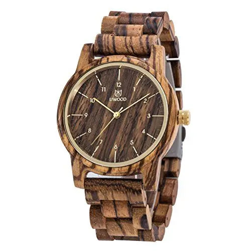 Produktbild: MUJUZE Herren Analoge Quarz 40mm Zebra Sandelholz Holzuhr mit Goldene Zeiger（Ahorn）