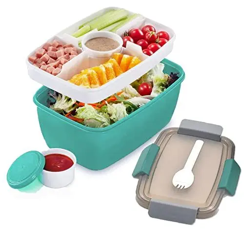 Produktbild: MUJUZE Lunchbox für Erwachsene, 2-stufige Brotdose mit unterteilung fächern,Salatbox to go Nachhaltig Auslaufsiche, BPA frei Bento Box mit Besteck Brotzeitbox für Arbeit/Picknick