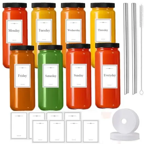 Produktbild: MUJUZE Smoothie Flasche Gläser Set mit Deckel und Strohhalm,8 x 500ml Glasflaschen zum befüllen,Twist-Off Deckel Runde Smoothie Becher to go,Wiederverwendbare Saftflaschen Glas,Milchflaschen
