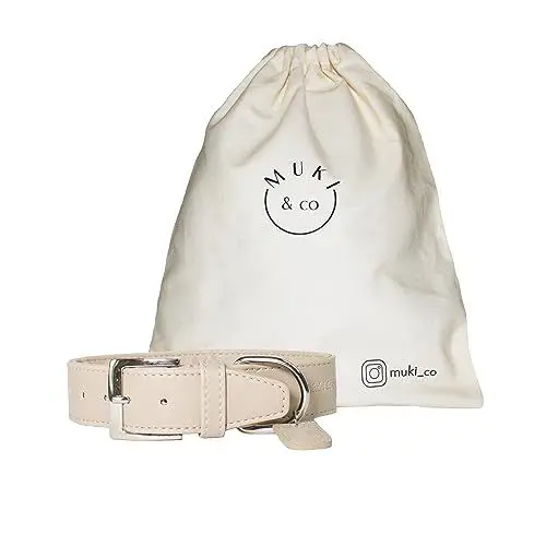 Produktbild: Muki & co ® Hochwertiges Hundehalsband aus veganem Leder - extra breit, komfortabel und pflegeleicht - Beige S-M 26-35 cm