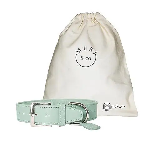 Produktbild: Muki & co ® Hochwertiges Hundehalsband aus veganem Leder - extra breit, komfortabel und pflegeleicht - Minzgrün S-M 26-35 cm