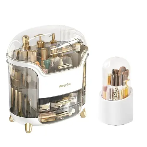 Produktbild: Mulaibdin Make Up Organizer, Schminktisch Organizer, Kosmetik Beauty Organizer mit Deckel, Pinsel Organizer Drehbar, Kosmetik Aufbewahrung mit Schublade für Badezimmer,Schmuck,Lippenstift