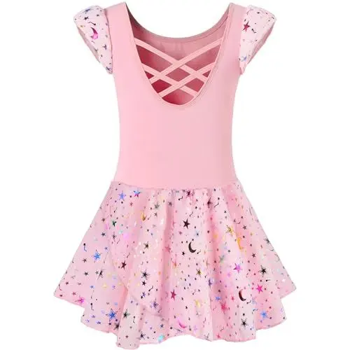 Produktbild: Mulnall Ballettanzug Mädchen Ballett Trikot mit Ballettkleid Kinder TüTü Kurzarm Langarm Baumwolle Balletttrikot Ballettanzug (40431-06-M)