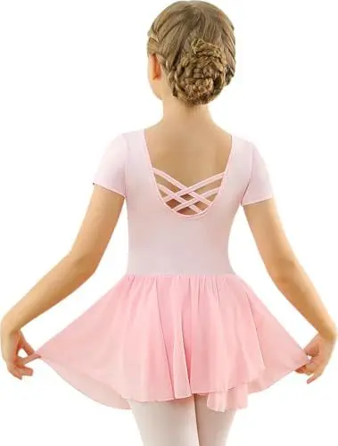 Produktbild: Mulnall Ballettkleid Mädchen Ballett Kleid Kurzarm Langarm Criss Cross Baumwolle Balletttrikot Gymnastik Kinder Tanzbody mit Rock Tütü Kostüm Tanzbekleidung 2-12 Jahre(2140-08B-XXL)