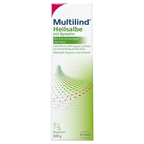 Produktbild: Multilind Heilsalbe – Zinksalbe bei Entzündungen der Haut mit dem Anti-Pilz Wirkstoff Nystatin und antibakteriellem Zinkoxid – 2 x 50 g Salbe