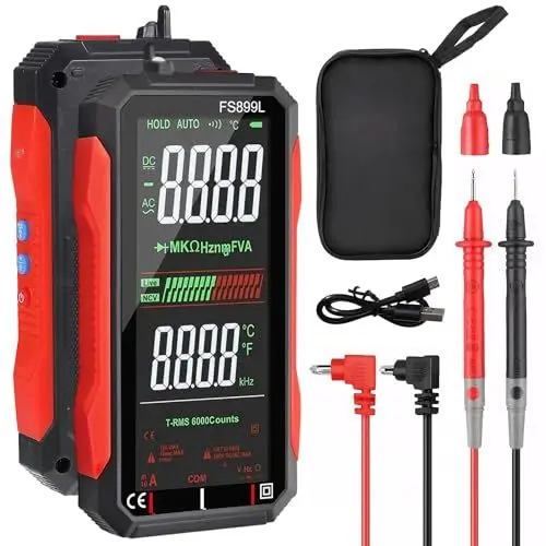 Produktbild: Multimeter Digital, Wiederaufladbar mit 6000 Counts, Auto-Ranging, True RMS, NCV, misst AC/DC Spannung, Strom, Widerstand, Kapazität, Temperatur, Frequenz, Durchgang – 4.8 Zoll Farbdisplay, USB