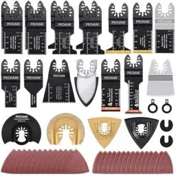 Produktbild: Multitool Sägeblätter PECHAM 102tlg Holz Kunststoff Metall Oszillierwerkzeug-Zubehör, mit Sandpapier&Titan& mit Japanischen Zähnen Sägeblätter Kit Fit meisten Oszillierende Werkzeuge