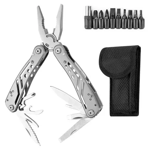 Produktbild: Multitool Werkzeug, 25 in 1 Faltbares Edelstahl Multifunktionale Zange, Multiwekzeug, perfektes Camping Zubehör Flaschenöffner und Karabiner, mit 11 Schraubendreher Bits und Gurtcliptasche