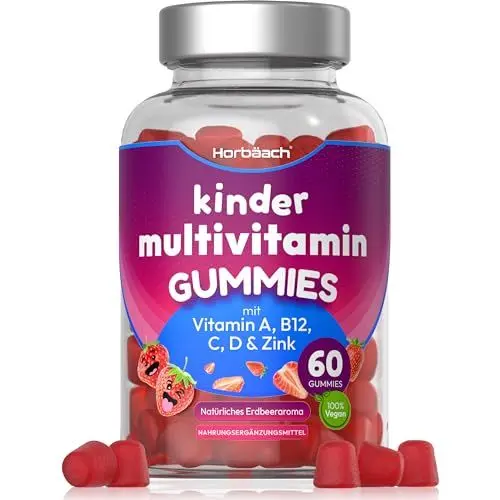 Produktbild: Multivitamin Gummibärchen für Kinder | 14 wichtige Nährstoffe mit Jod, Zink, Vitamin C, E, D, B6, B7, B12 & Chrom | 60 Gummies | Natürlicher Erdbeergeschmack | by Horbaach