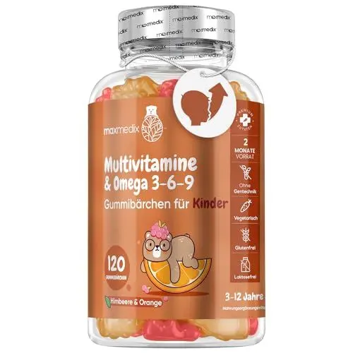 Produktbild: Multivitamin Gummibärchen für Kinder - Mit Omega 3 6 9, Vitamin C- 120 Multivitamin Kinder Gummies - Vitamin D3, B7, B12, E, Jod, Zink - Mit Himbeer & Orangengeschmack - maxmedix