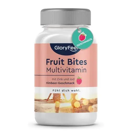 Produktbild: Multivitamin Gummies - 100% natürliches Fruchtpürree - Himbeer Fruchtstückchen lecker & vitaminreich - Vitamin A D K E B6 B12 Niacin Biotin Zink & Jod - Vitamin A-Z Gummies - Für Kinder & Erwachsene