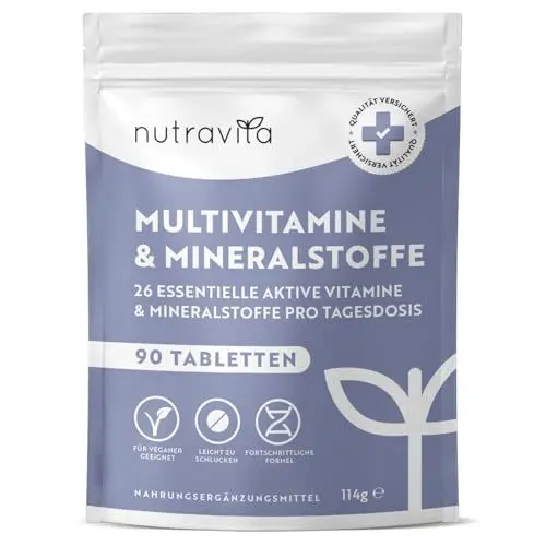Produktbild: Multivitamin Hochdosiert - 90 vegane Tabletten - 26 wertvolle A-Z Vitamine und Mineralien - Multi Vitamin Komplex - Unterstützt das Immunsystem - laborgeprüft und ohne Zusätze - Nutravita