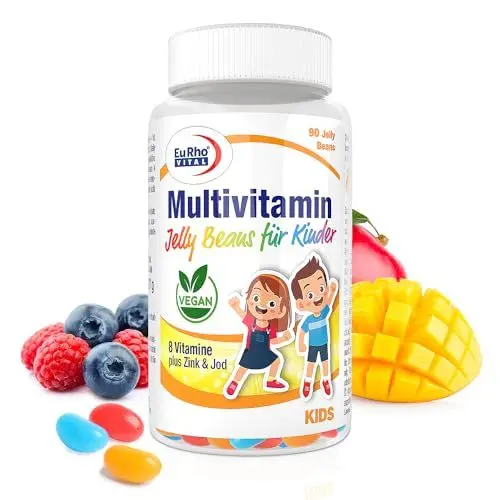 Produktbild: Multivitamin Jelly Beans für Kinder | Vegan | Optimal für Kinder ab 4 Jahren | Mit Blaubeer-, Mango- und Himbeergeschmack | EuRho® Vital – Made in Germany | 90 Stück