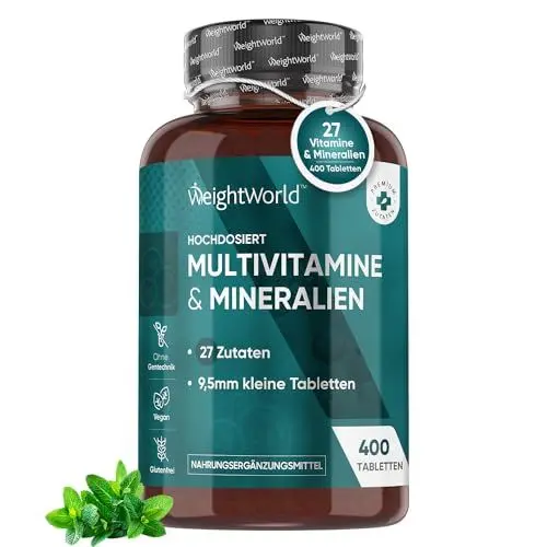 Produktbild: Multivitamin Tabletten - 400 Vegane Stück mit 27 Vitaminen & Mineralien - Vitamin A bis Z - Immunsystem, Energie & Stoffwechsel (EFSA) - Nahrungsergänzungsmittel für Frauen & Männer - Von WeightWorld
