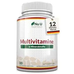 Produktbild: Multivitamin & Mineralstoffe A-Z - 365 Vegetarische Tabletten - 1 Jahresvorrat - 25 Vitamine und Mineralstoffe pro Tablette Hochdosiert - Nu U Nutrition