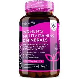 Produktbild: Multivitamine & Mineralien für Frauen - 24 essentielle aktive Vitamine & Mineralien mit zusätzlicher Hyaluronsäure - 180 vegane Tabletten - keine synthetischen Füllstoffe oder Bindemittel - Nutravita