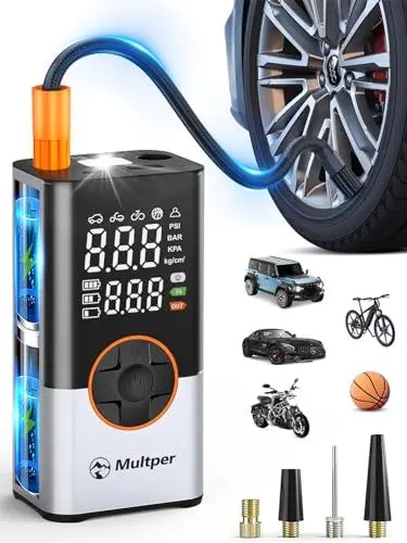 Produktbild: Multper 8000mAh Elektrische Luftpumpe Fahrrad Luftpumpe Elektrisch 150 PSI mit 5 Modi Akku Kompressor Luftkompressor Tragbare Fahrradpumpe mit LED-Digitalanzeige, LED-Licht für Auto Moto Fahrrad Bälle