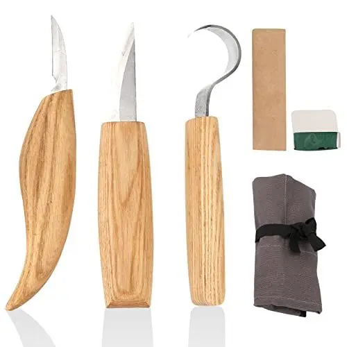 Produktbild: mumisuto 5-teilig Schnitzmesser Set, 6 in 1 Schnitzwerkzeug aus Holz & Manganstahl mit 3 Schnitzmesser für Erwachsene, Holzwerkzeug für Anfänger/Profis Schnitzen mit Schleifsteine